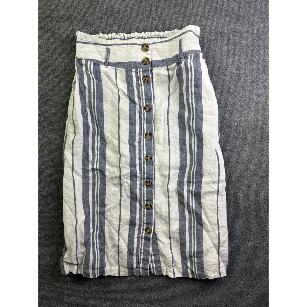 California Linen Skirt Women M Blue White Striped Button Front Paperbag Midi